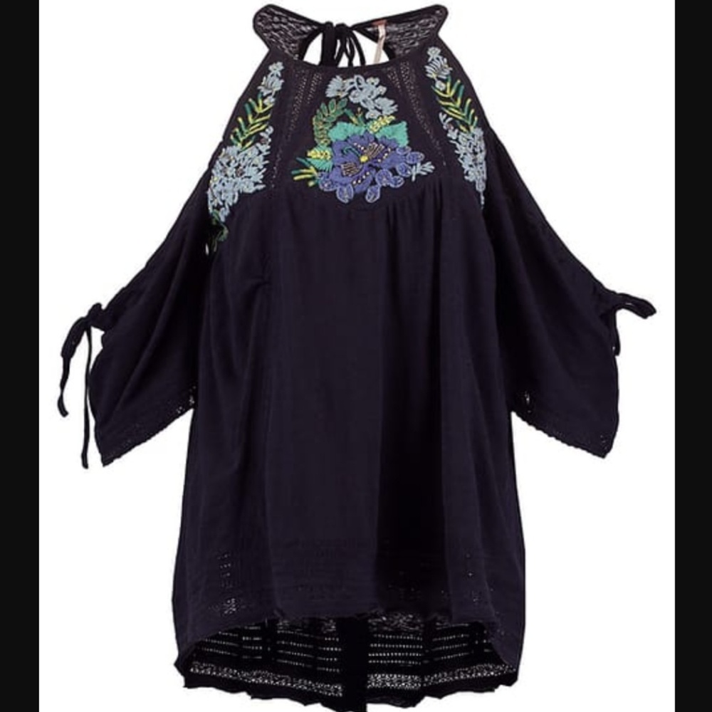 Free People Fast Times Peasant Top Cold Shoulder Embroidered Navy Blue Small NWT - Picture 2 of 10
